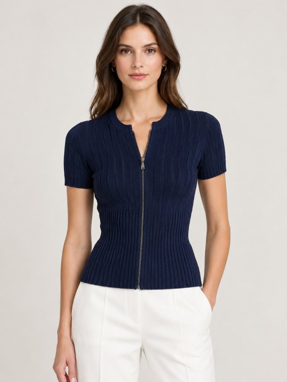 Max Mara ribbed zip sweater cardigan top size M in navy